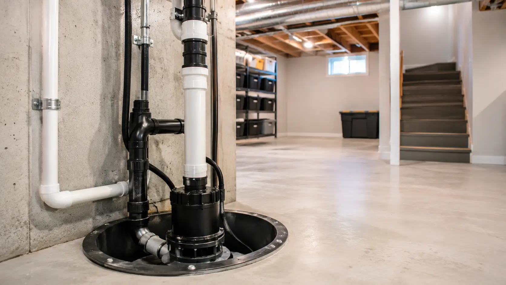 A tidy basement utility area with a clean sump pump and drainage piping